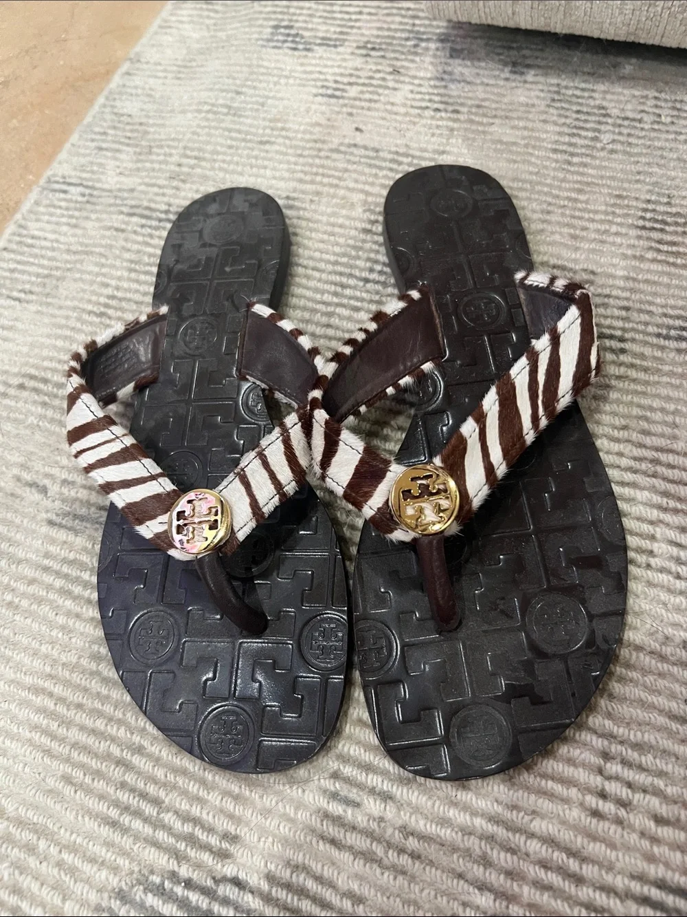 Tory Burch Brown & White Zebra Haircalf Logo Thong Sandals
